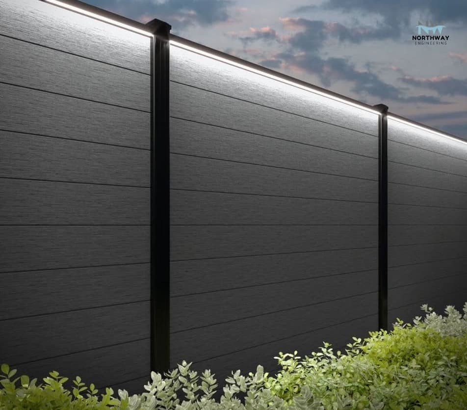 Composite fencing run installed with straight lines